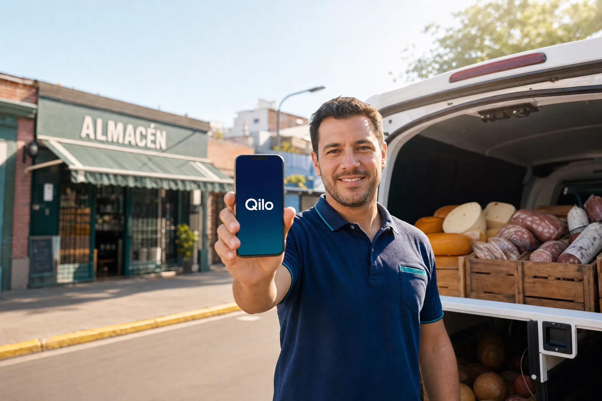 Repartidor de una distribuidora cargando una venta en Qilo desde el celular, junto a la camioneta de reparto