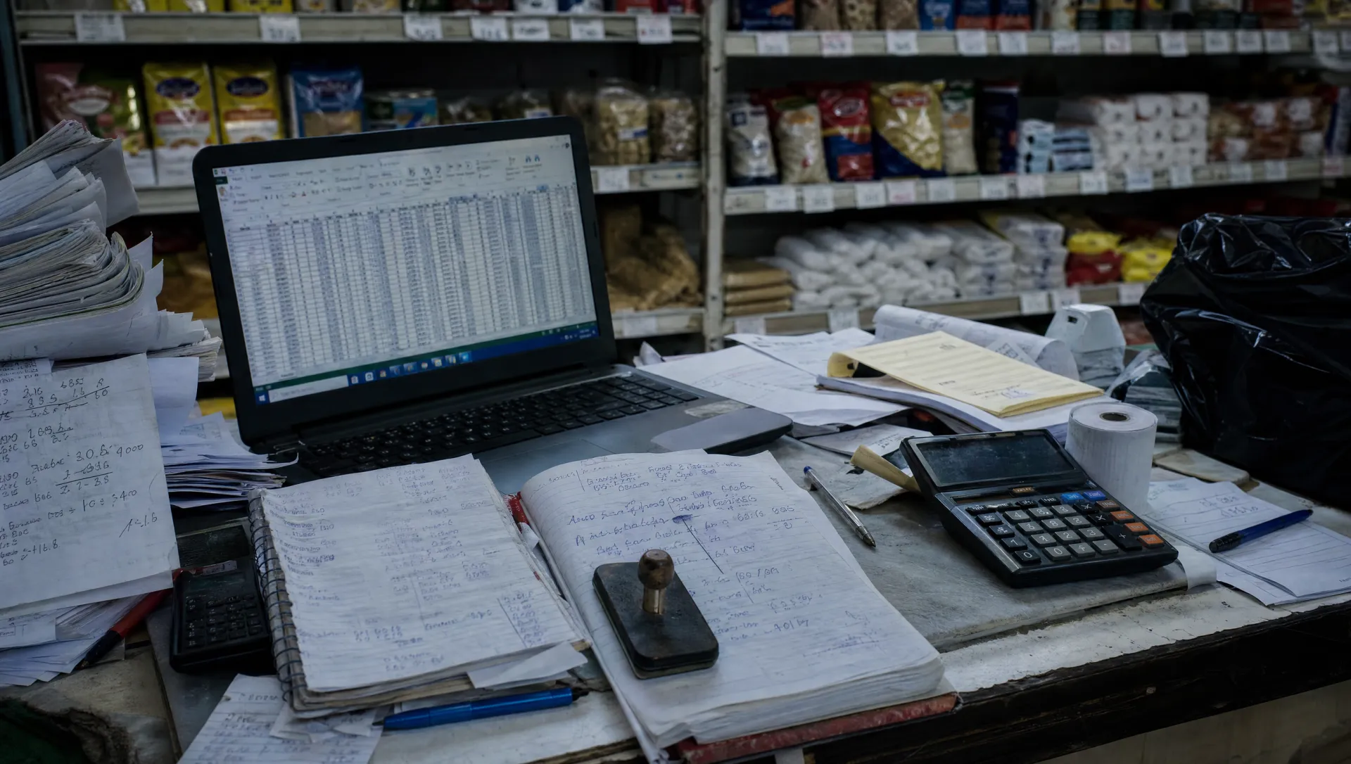 Mostrador de una distribuidora con cuadernos, papeles, calculadora y una planilla de Excel: el desorden que reemplaza Qilo